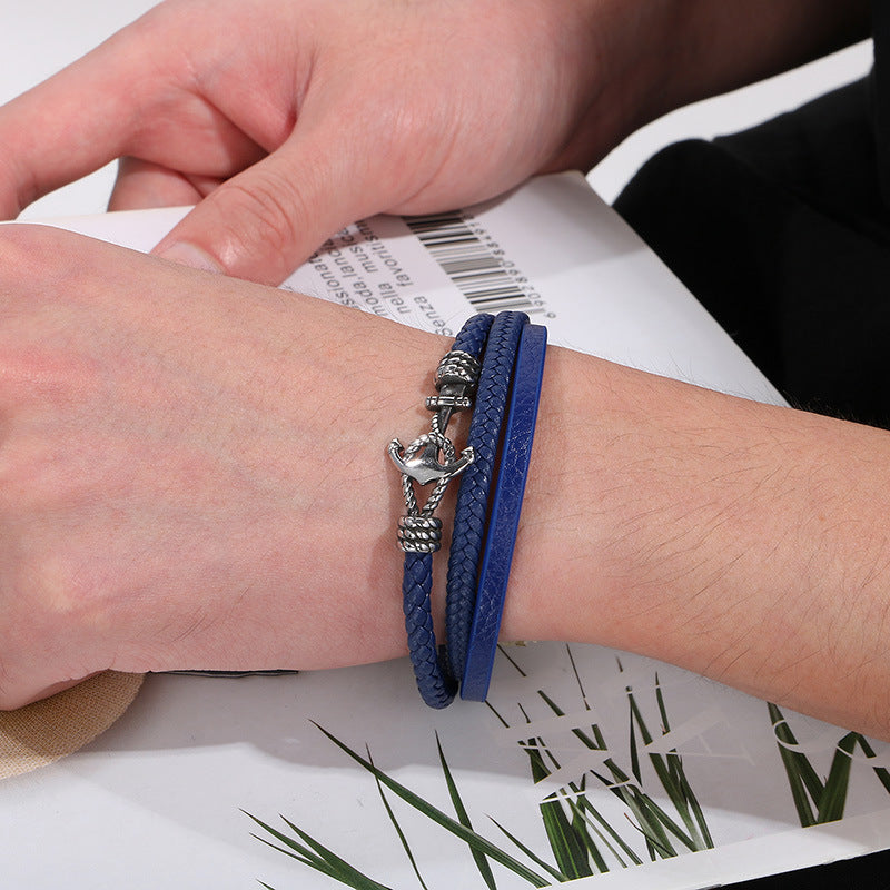 Maritime leather bracelet with stainless steel anchor charm – multi-layered hand-braided