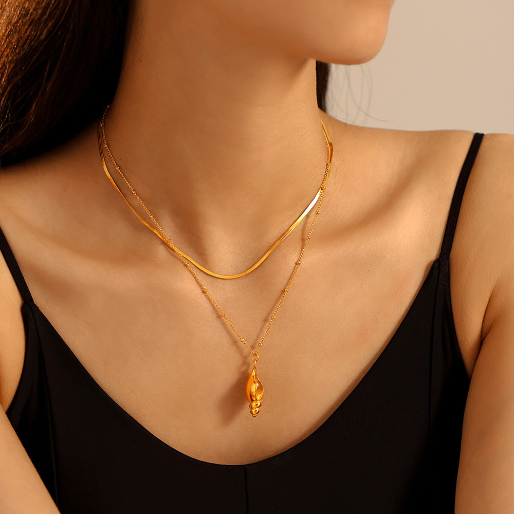 Snail shell pendant necklace with faux pearl | Stackable stainless steel set - 18k gold or high-gloss silver finish