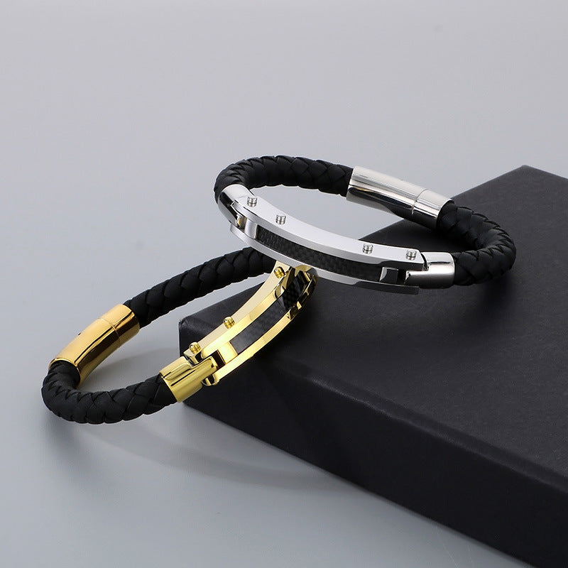 Fashionable men's bracelet made of stainless steel & braided leather - With fiber or steel wire inlays