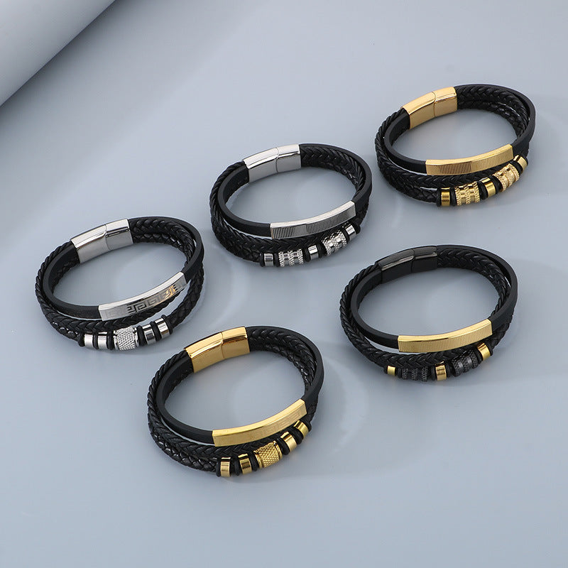 Men's titanium steel bracelet - multi-layer leather braid with curved stainless steel sheet and magnetic clasp