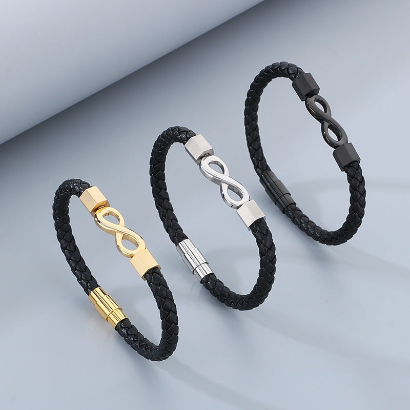 Personalized leather bracelet for men with stainless steel & infinity symbol