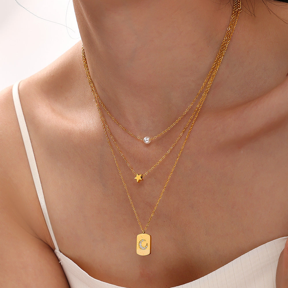 Star double chain with imitation pearls – 18K gold-plated stainless steel or silver look for stylish layering