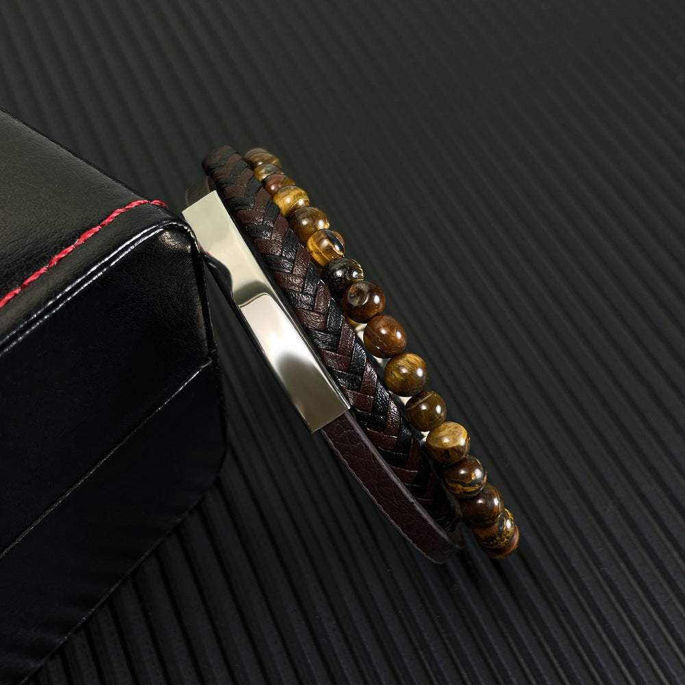 Braided leather bracelet with tiger eye for men – multi-layer design