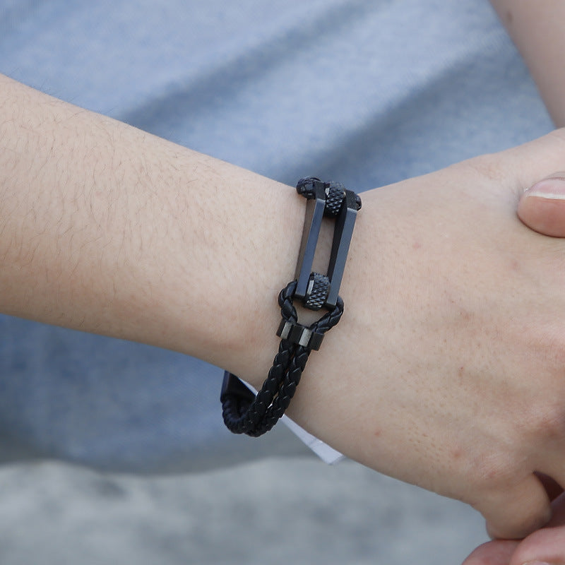 Stainless steel bracelet with double leather braid – titanium steel accents for urban style