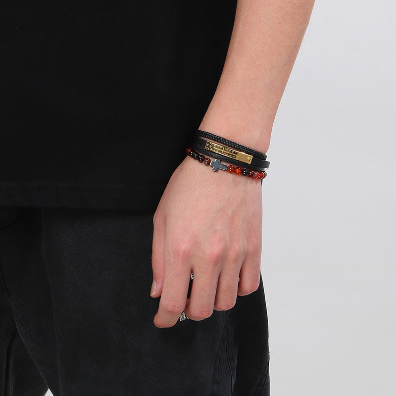 Vintage leather bracelet for men with titanium steel cross & agate beads – multi-layer braided