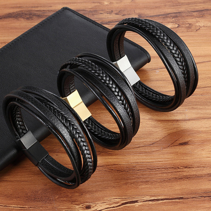 5-lagiges Titanstahl Lederarmband - Schwarz geflochtener Herrenschmuck - Robustes Naturleder-Armband mit Metallakzent