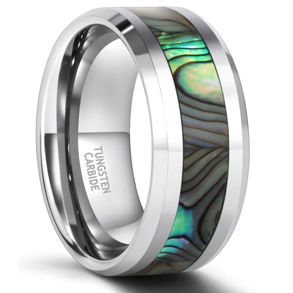 Robuster Wolframring mit einzigartigem Camouflage-Perlmutt