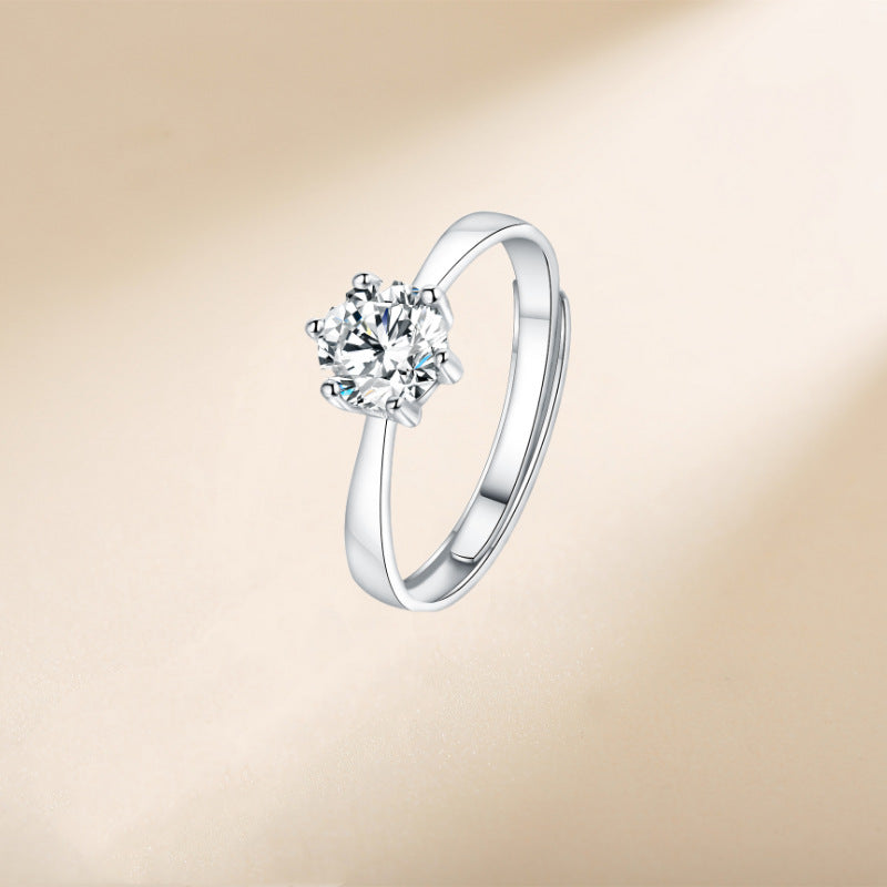 S925 Sterling Silver Couple Rings (6-Prong) - Rhodium-plated white gold look, adjustable & with cubic zirconia