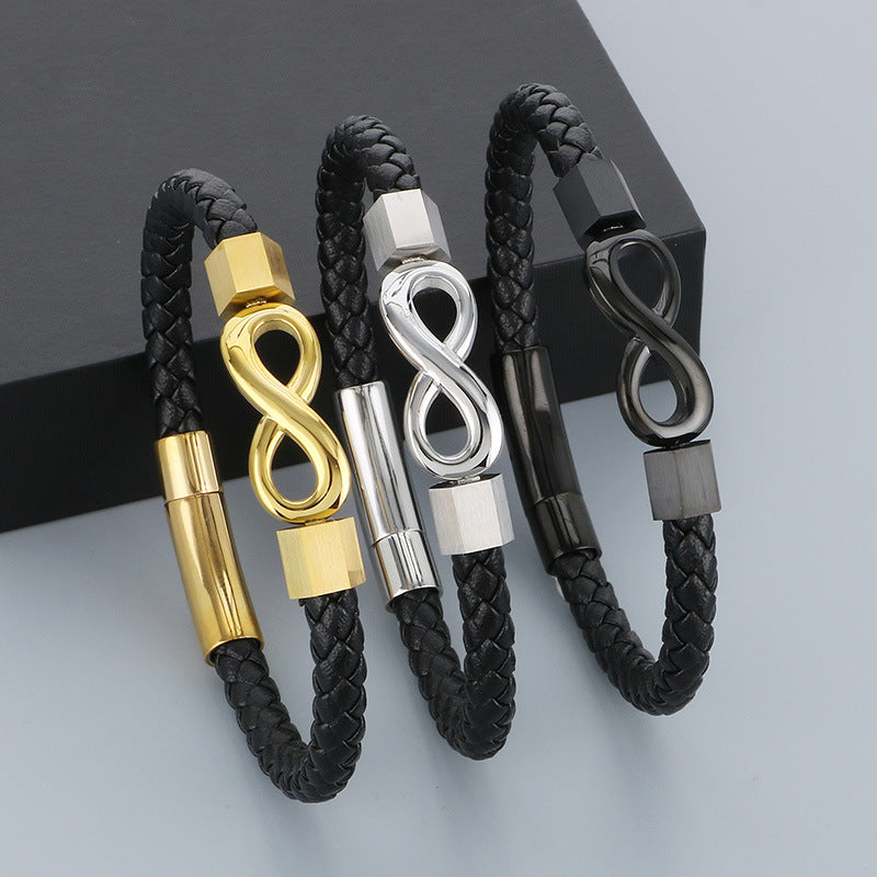 Personalized leather bracelet for men with stainless steel & infinity symbol