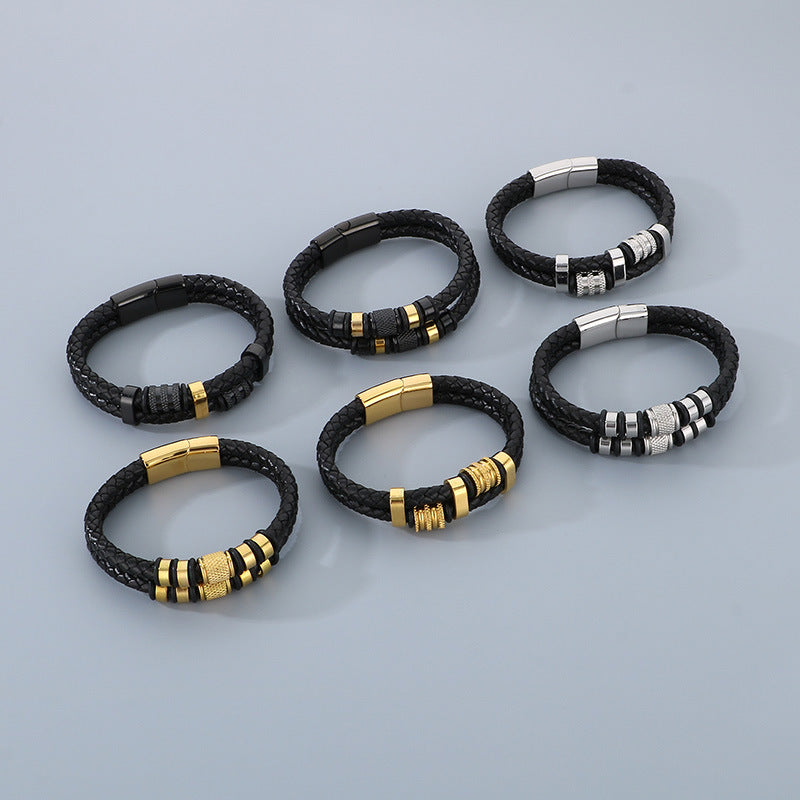 Multi-layered leather braided bracelet made of stainless steel – retro punk design with magnetic clasp