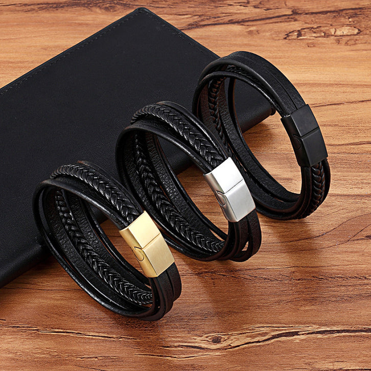 5-lagiges Titanstahl Lederarmband - Schwarz geflochtener Herrenschmuck - Robustes Naturleder-Armband mit Metallakzent