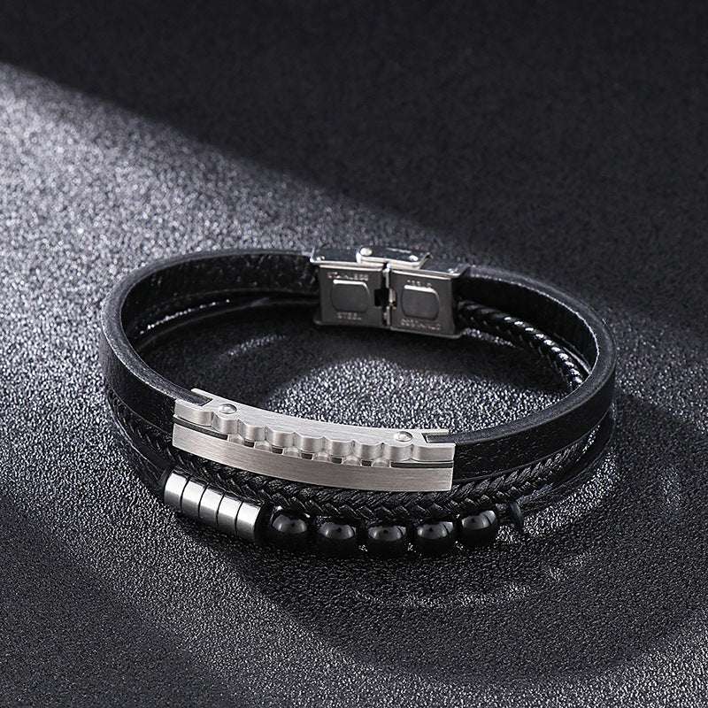 Multi-layer braided leather bracelet with stainless steel & geometric beads – Handmade unique jewelry
