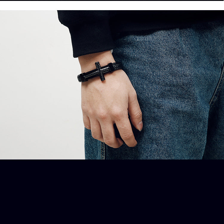 Men's braided leather bracelet with stainless steel cross – Robust men's bracelet