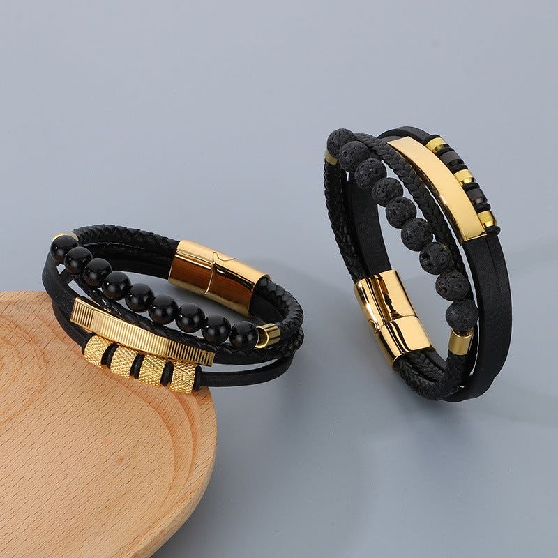 Vintage leather bracelet for men with volcanic stone & magnetic plate – multi-layer microfiber braiding