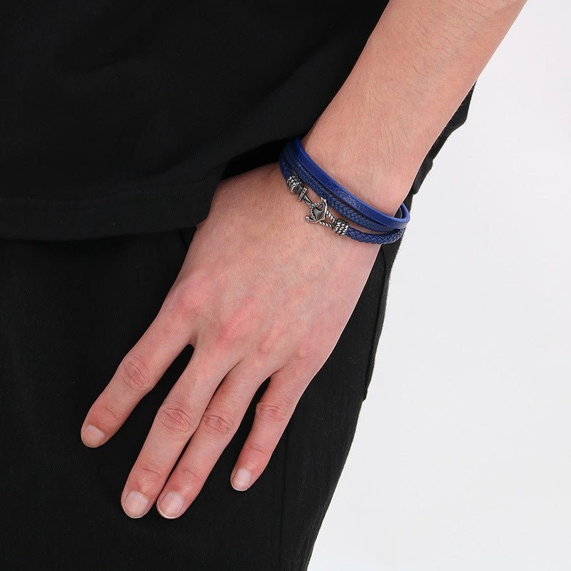 Maritime leather bracelet with stainless steel anchor charm – multi-layered hand-braided