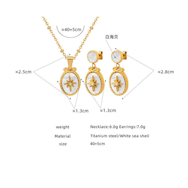 White shell star pendant set with zirconia | Stainless steel jewelry in 18K gold or high-gloss silver - Includes ear studs