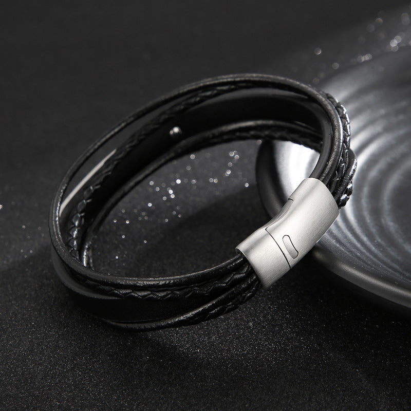 Multi-layered leather bracelet with stainless steel & magnetic plate – hand-woven unique jewelry