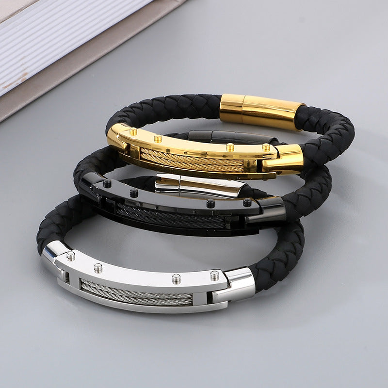 Fashionable men's bracelet made of stainless steel & braided leather - With fiber or steel wire inlays