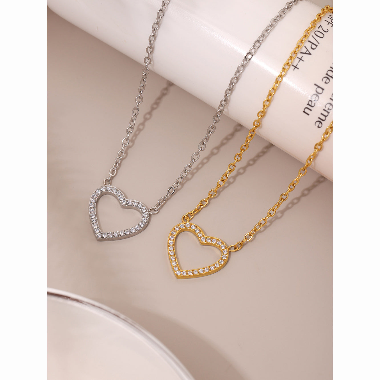 Double chain set: heart pendant with zirconia & cross chain with steel beads – 18K gold-plated or silver stainless steel
