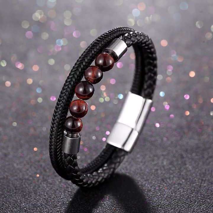 Minimalist leather bracelet with red tiger eye & titanium – multi-row