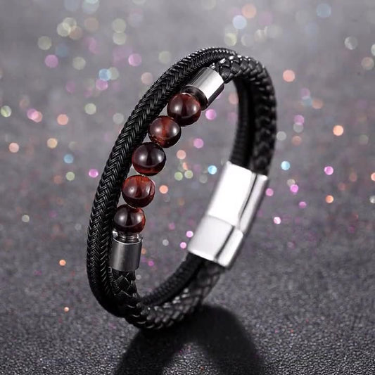 Minimalist leather bracelet with red tiger eye & titanium – multi-row