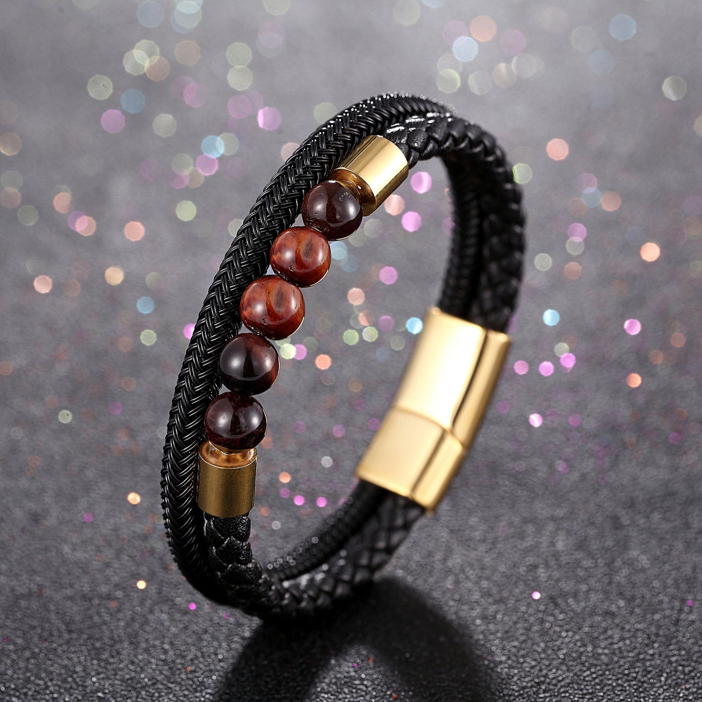 Minimalist leather bracelet with red tiger eye & titanium – multi-row