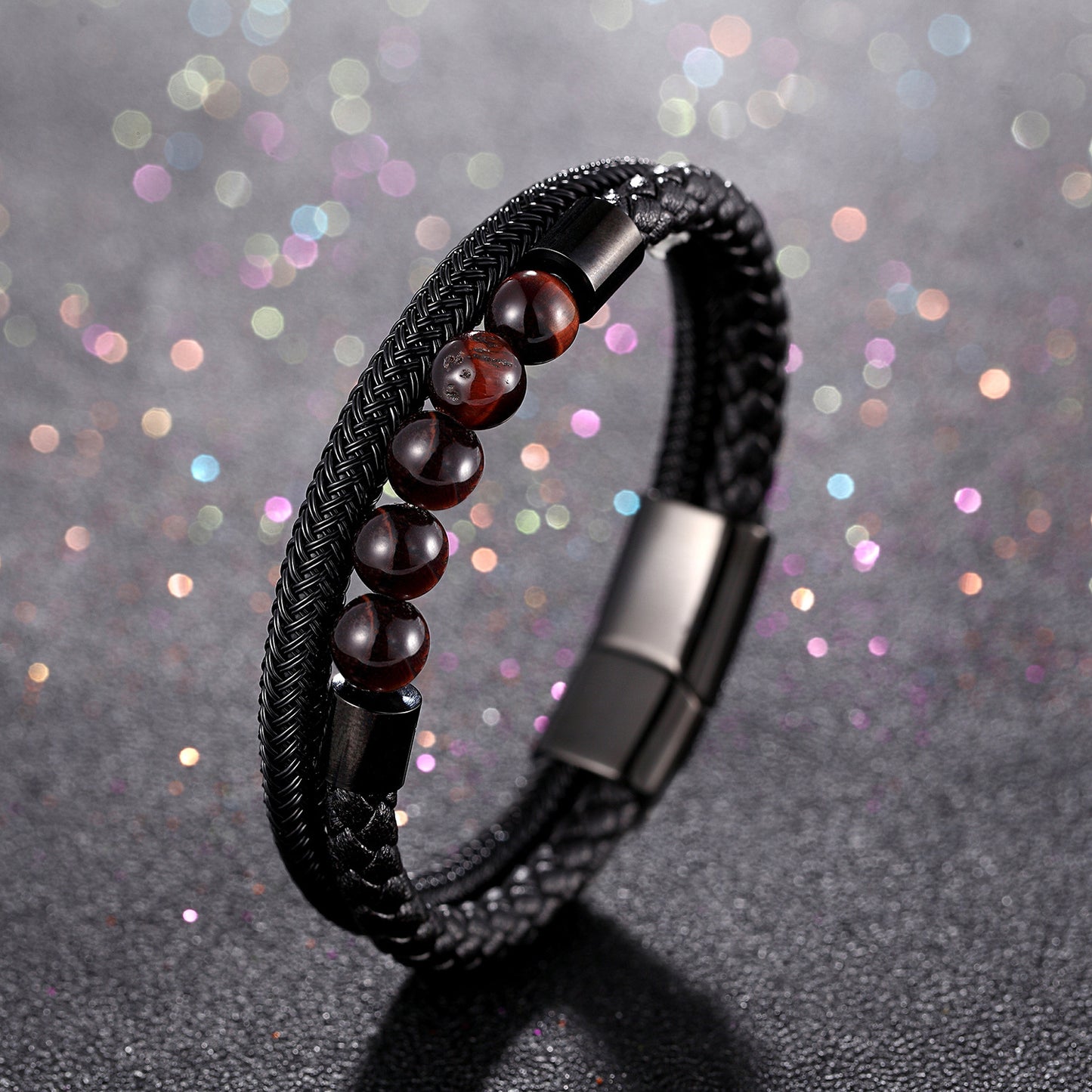 Minimalist leather bracelet with red tiger eye & titanium – multi-row