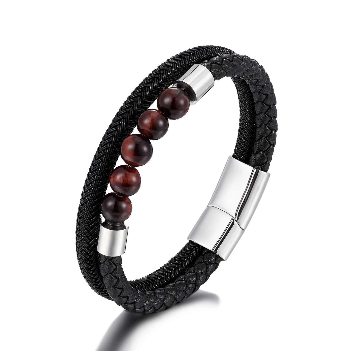 Minimalist leather bracelet with red tiger eye & titanium – multi-row