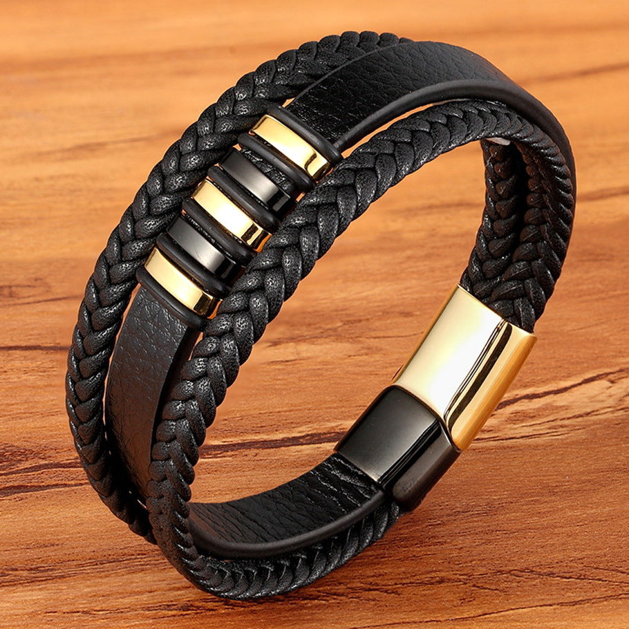 Multi-row leather bracelet with stainless steel - Handmade men's jewelry - Rustic unisex design