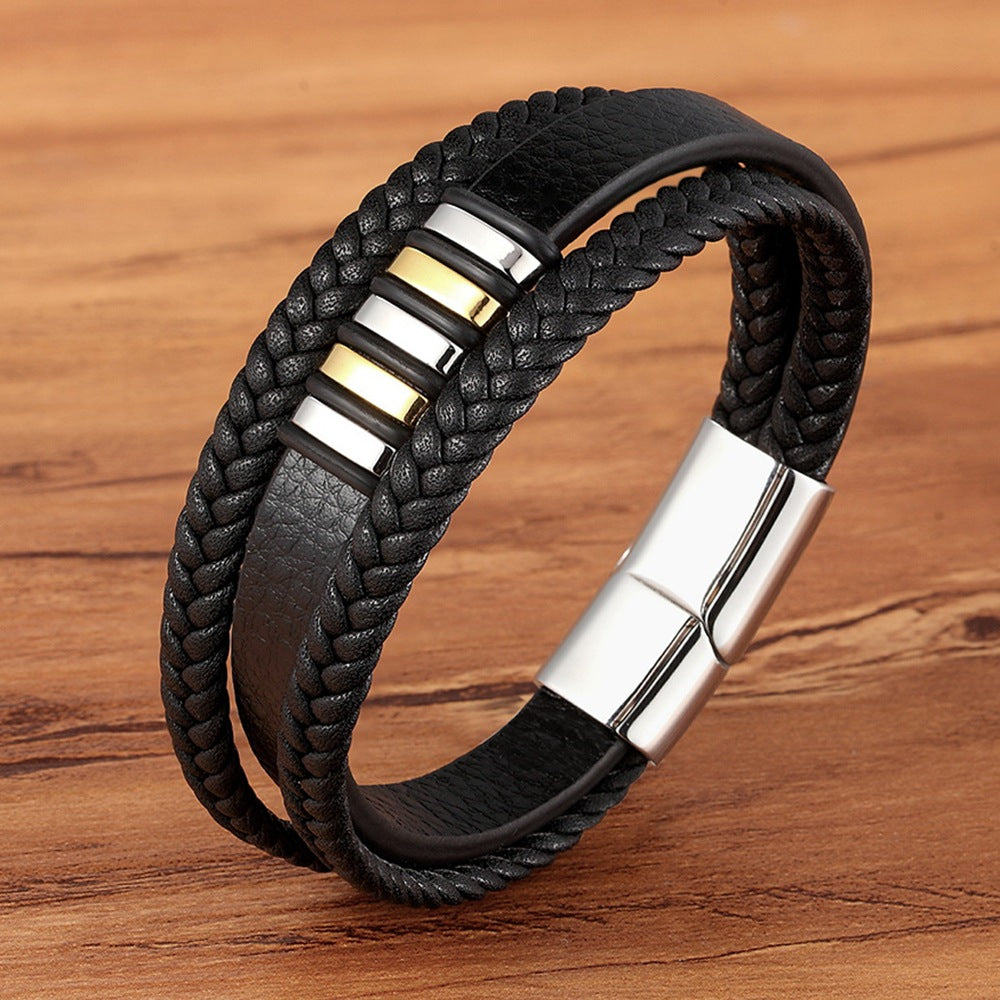 Multi-row leather bracelet with stainless steel - Handmade men's jewelry - Rustic unisex design