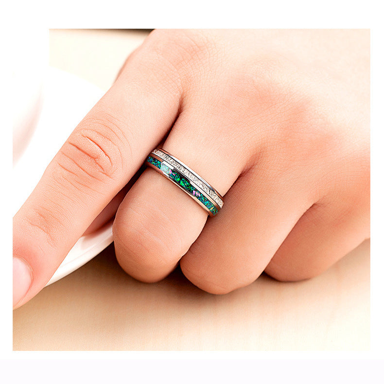 Wolframcarbid-Ring mit Sternenstaub-Silberfolie & Opaleinlage – 6 mm, unisex, gravurfähig