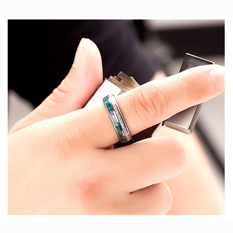 Wolframcarbid-Ring mit Sternenstaub-Silberfolie & Opaleinlage – 6 mm, unisex, gravurfähig