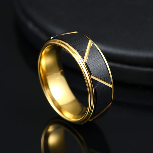 Herrenring aus Wolframcarbid mit 8er-Nut, matt Schwarz & Gold – 8 mm, gravurfähig