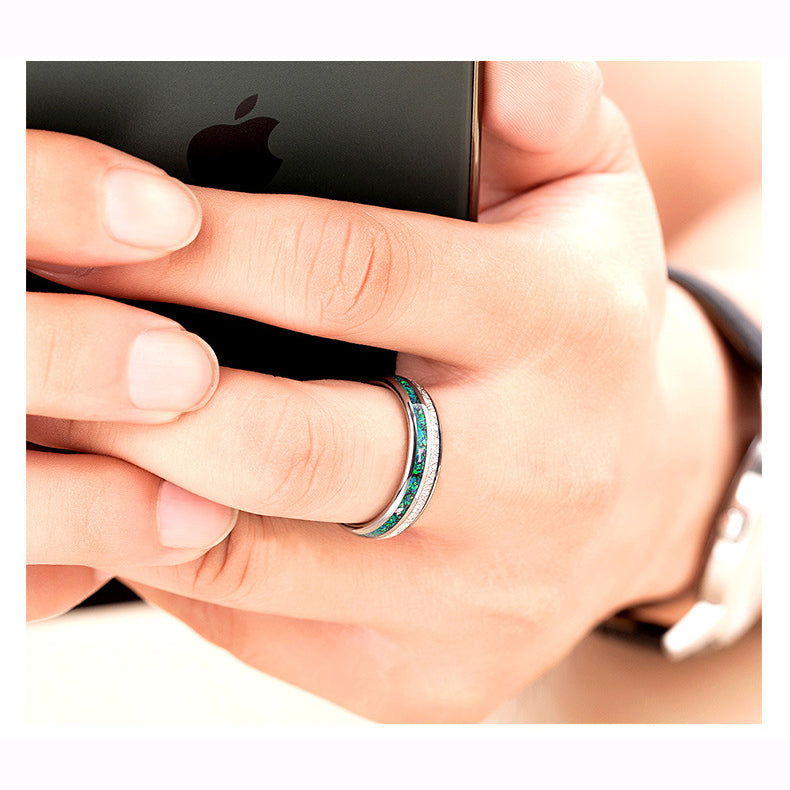 Wolframcarbid-Ring mit Sternenstaub-Silberfolie & Opaleinlage – 6 mm, unisex, gravurfähig