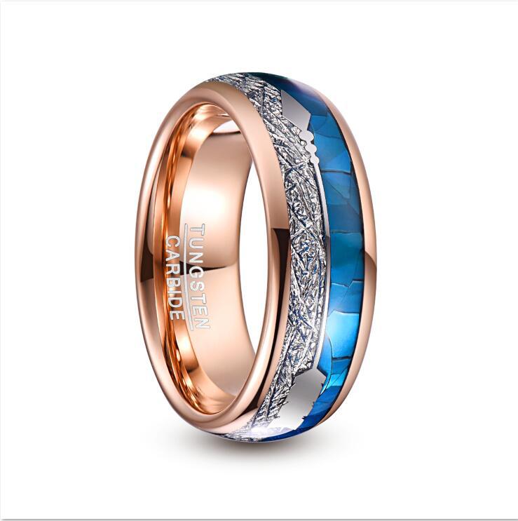 Herrenring aus Wolframcarbid mit Roségold-Beschichtung & blauer Perlmutt-Einlage – gravurfähig, ideales Geschenk