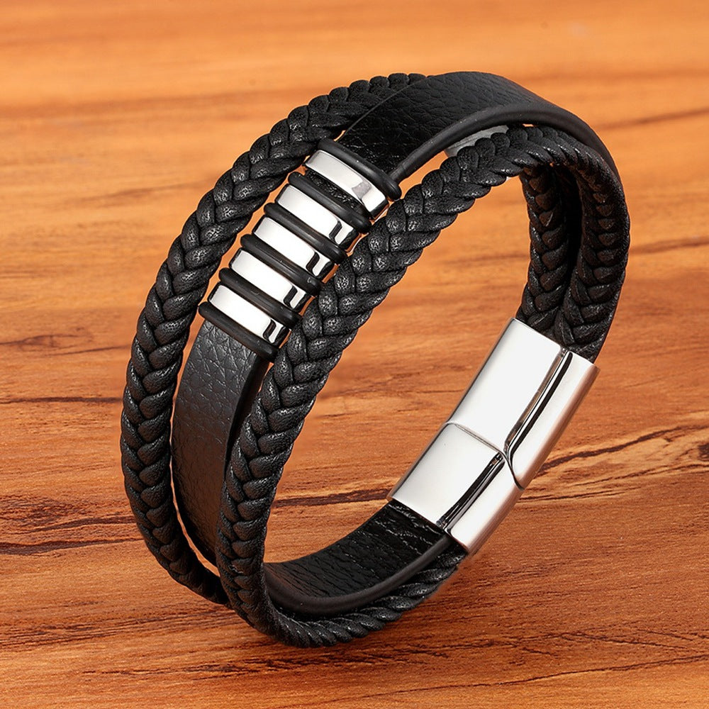 Multi-row leather bracelet with stainless steel - Handmade men's jewelry - Rustic unisex design