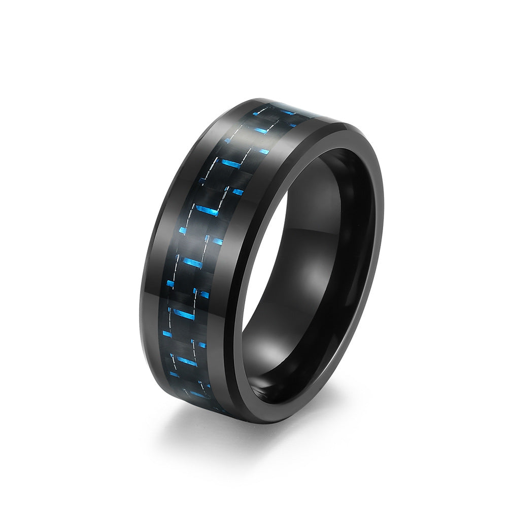 Schwarzer Wolframkarbid Ring mit Carbon-Einsatz - Reiner Schwarz Männerring - 8mm Kratzfester Ehering - Moderner Männerschmuck