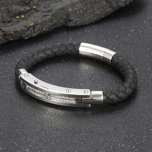 Men's bracelet with steel wire inlay – braided stainless steel leather strap