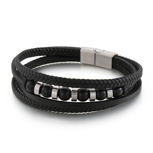 Multi-layered black leather bracelet with stainless steel accents – Hand-woven unique jewelry
