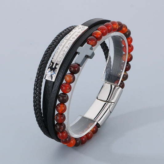 Vintage leather bracelet for men with titanium steel cross &amp; agate beads – multi-layer braided
