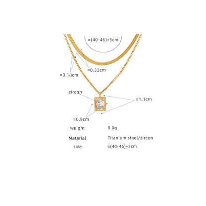 Zirconia cube pendant with double chain | Titanium steel jewelry in 18K gold or high-gloss silver - Stackable statement