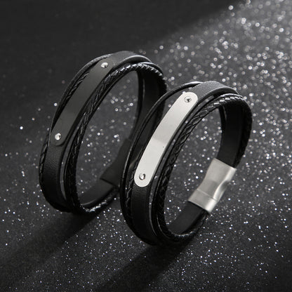 Multi-layered leather bracelet with stainless steel &amp; magnetic plate – hand-woven unique jewelry