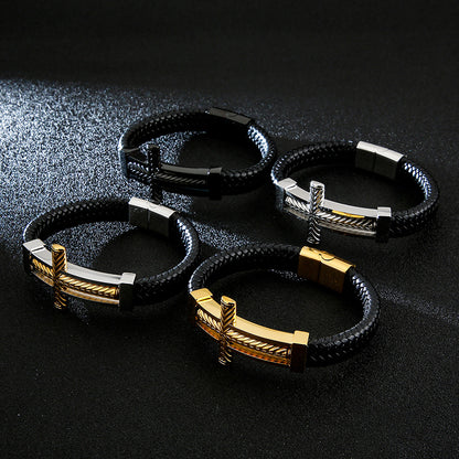 Men's braided leather bracelet with stainless steel cross – Robust men's bracelet