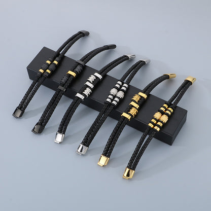Multi-layered leather braided bracelet made of stainless steel – retro punk design with magnetic clasp