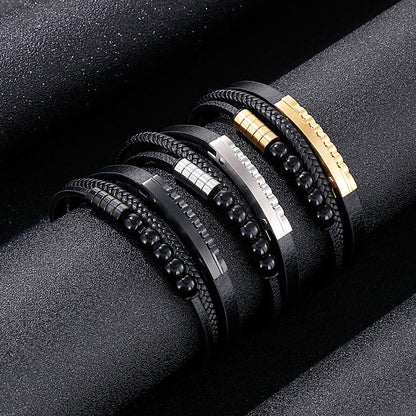 Multi-layer braided leather bracelet with stainless steel &amp; geometric beads – Handmade unique jewelry