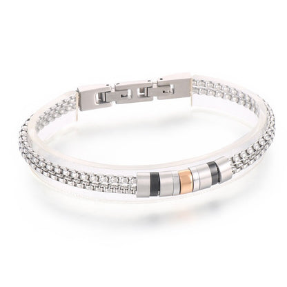 Stainless steel bracelet for men with maritime motifs - anchor, steering wheel, tree of life and stars in 2-layer design
