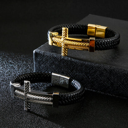 Men's braided leather bracelet with stainless steel cross – Robust men's bracelet