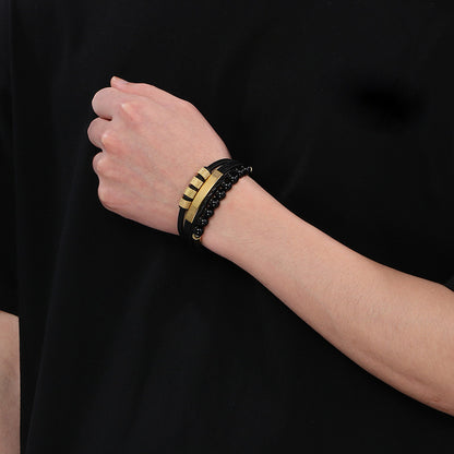 Vintage leather bracelet for men with volcanic stone &amp; magnetic plate – multi-layer microfiber braiding
