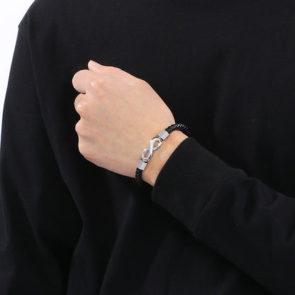 Personalized leather bracelet for men with stainless steel &amp; infinity symbol