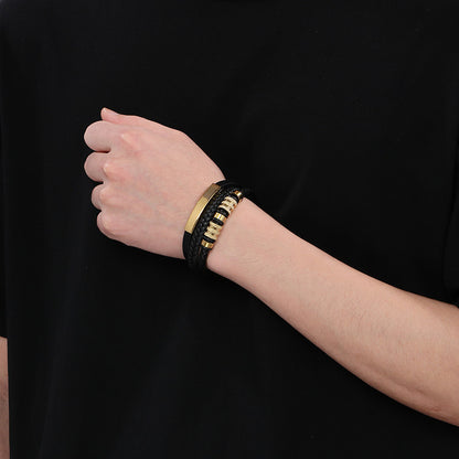 Men's titanium steel bracelet - multi-layer leather braid with curved stainless steel sheet and magnetic clasp
